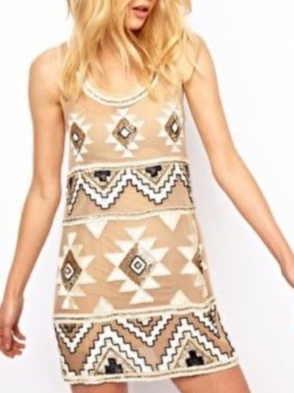 Needle & Thread Beige White Silk Sequined Geometric Sleeveless Mini Dress. Sz 6